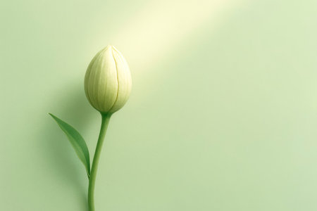 A closed tulip bud waiting to open on a green background. Space for textの素材