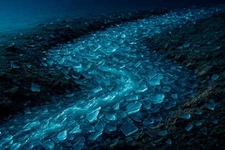 A river flowing from shards of glass in the dark lightの素材