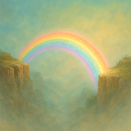 A rainbow bridge connecting two cliffsの素材