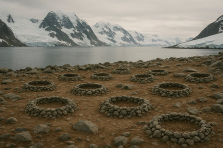 A desert Antarctic landscape with circles of stonesの素材