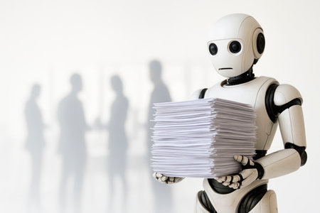 Robot with papers against the background of silhouettes of people. Space for textの素材