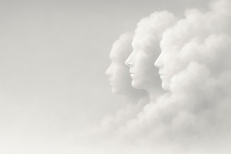 Cloudy faces growing out of the mist. Space for textの素材