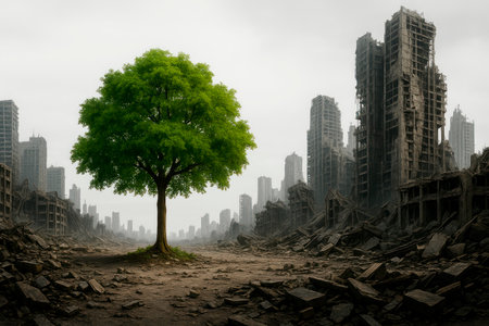 A lonely green tree among the ruins of a ruined cityの素材