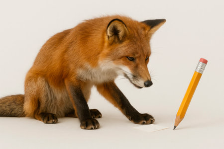 The fox is watching a pencil with a piece of paperの素材