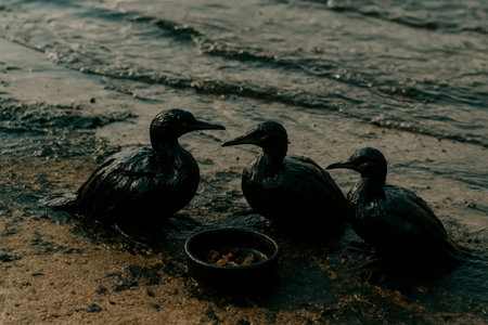 Seabirds covered in oil near the shoreの素材