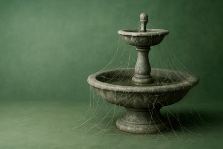 A stone fountain from which spider web threads flow. Space for textの素材