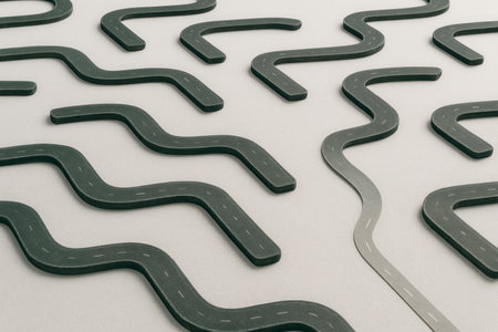 Tangled asphalt roads and one flat pathの素材