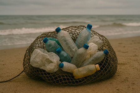 Plastic garbage in a fishing net on the beachの素材