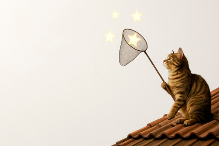 A cat on the roof with a net catches the stars in the sky. Space for textの素材