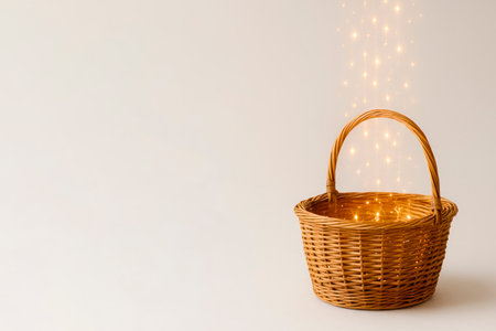 Shimmering gold particles spill out of the basket. Space for textの素材