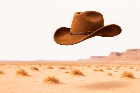 A cowboy hat hovers over the desert. Space for textの素材