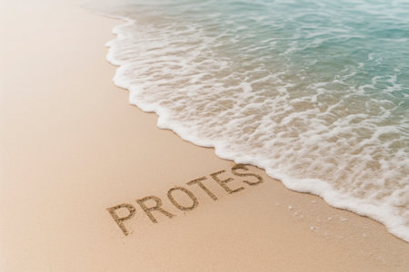 The word PROTEST is washed away by a sea wave on the sand. Space for textの素材