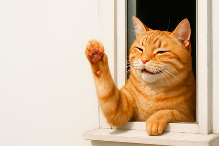 The cat greets with a raised paw from the window. Space for textの素材