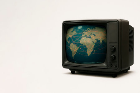 The TV shows a global map with communication lines. Space for textの素材