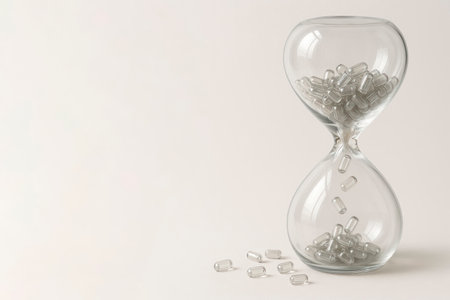 An hourglass in which transparent capsules are dripping. Space for textの素材