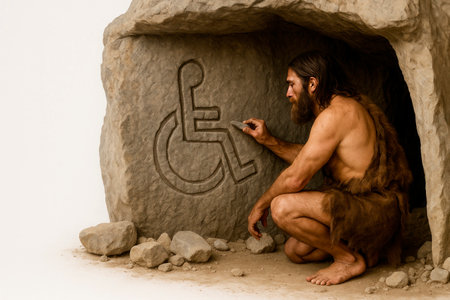 Primitive man carved a disability sign in a caveの素材
