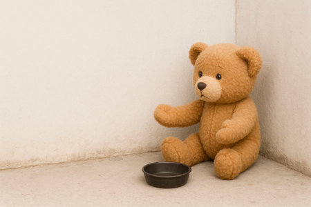 A teddy bear asks for food in the corner of the room. Space for textの素材