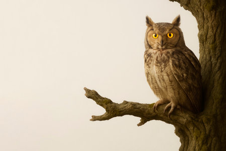 An owl on an oak branch in the silence of the night. Space for textの素材