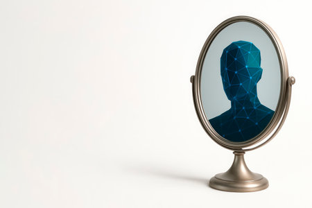 A digital avatar in the reflection of a round mirror. Space for textの素材