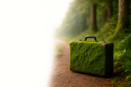 The suitcase is covered with moss and stands in the forest. Space for textの素材