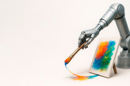 A robot draws an abstract image on a canvas. Space for textの素材