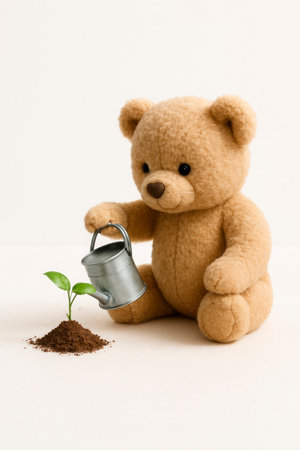 A teddy bear is watering a sproutの素材