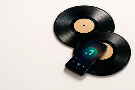 Smartphone and vinyl records on a light background. Space for textの素材