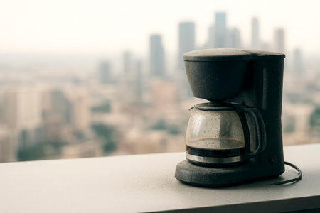 A forgotten coffee maker with the remains of the drink in front of the city. Space for textの素材