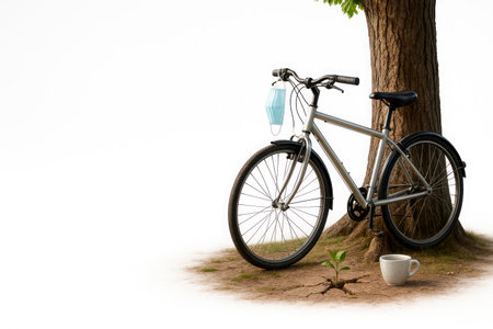 Bicycle under a tree with a mask and a mug. Space for textの素材