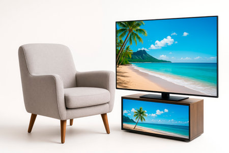 A cozy armchair and a TV with a cabinet showing the beachの素材