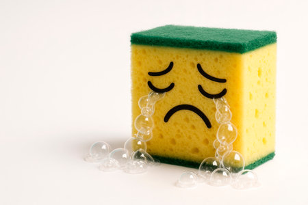 Sponge with a sad face cries soap bubbles. Space for textの素材