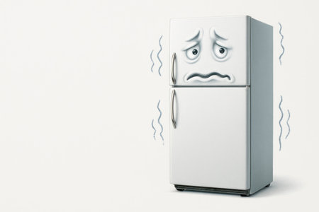 A shaking refrigerator with an expression of fear. Space for textの素材