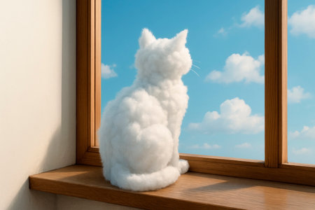 A cat-shaped cloud looks out the window. Space for textの素材