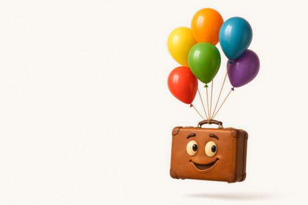 A suitcase with a face flying in balloons. Space for textの素材
