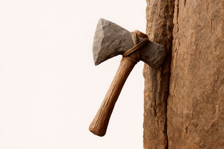 A stone ax stuck in a rock. Space for textの素材