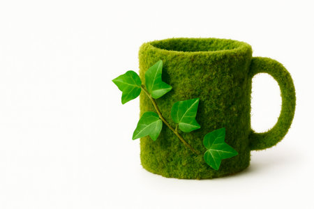 A mug covered with moss, with a climbing plant. Space for textの素材