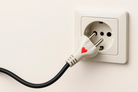 A plug with a heart plug plugged into a socket. Space for textの素材