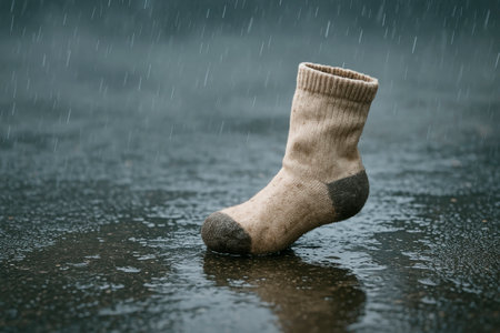 A lonely sock stands in the rain on the asphalt. Space for textの素材