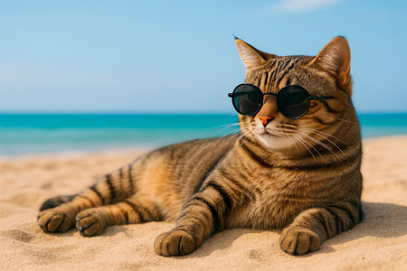 A cat in glasses on the beach rests on the sandの素材