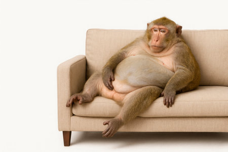 The monkey is sitting relaxed on the sofa. Space for textの素材