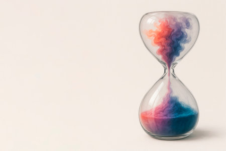 A colored dance of smoke in an hourglass, a symbol of the passage of time. Space for textの素材
