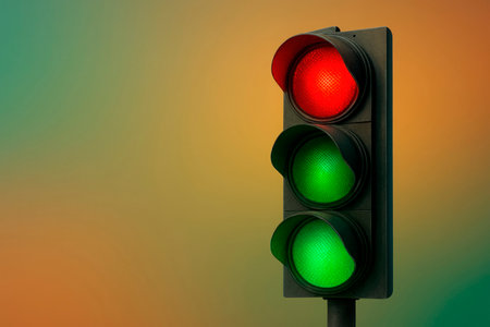 A traffic light with two green and one red signal on a colored background. Space for textの素材