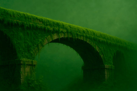 A bridge covered with moss in a thick fogの素材