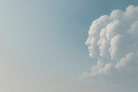 Faces formed from clouds in the sky. Space for textの素材