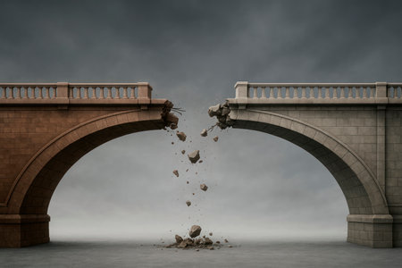 A destroyed bridge under a cloudy sky. Space for textの素材