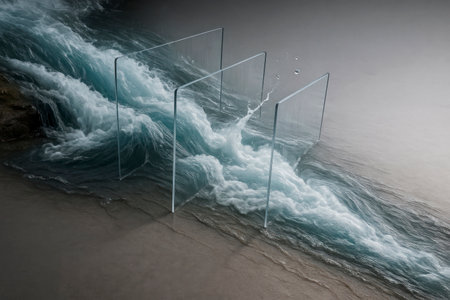 The flow of water crosses the glass barriers. Space for textの素材