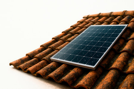 Solar panel on the tiled roof of the house. Space for textの素材