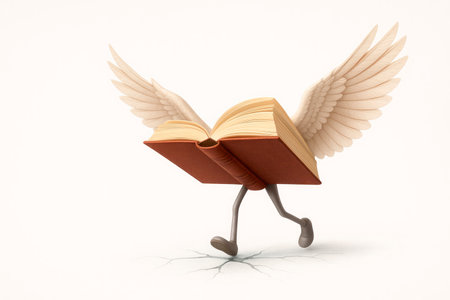 A book with wings and legs, a symbol of running knowledge. Space for textの素材