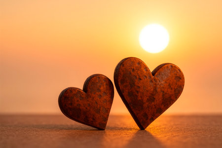 Two metal hearts at sunset with sun and warm orange light. Space for textの素材