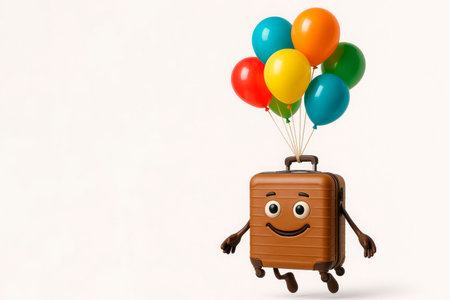 A suitcase with eyes is flying on balloons. Space for textの素材